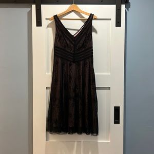 BCBG black lace midi dress embroidery Size 10 flattering for hour glass figure